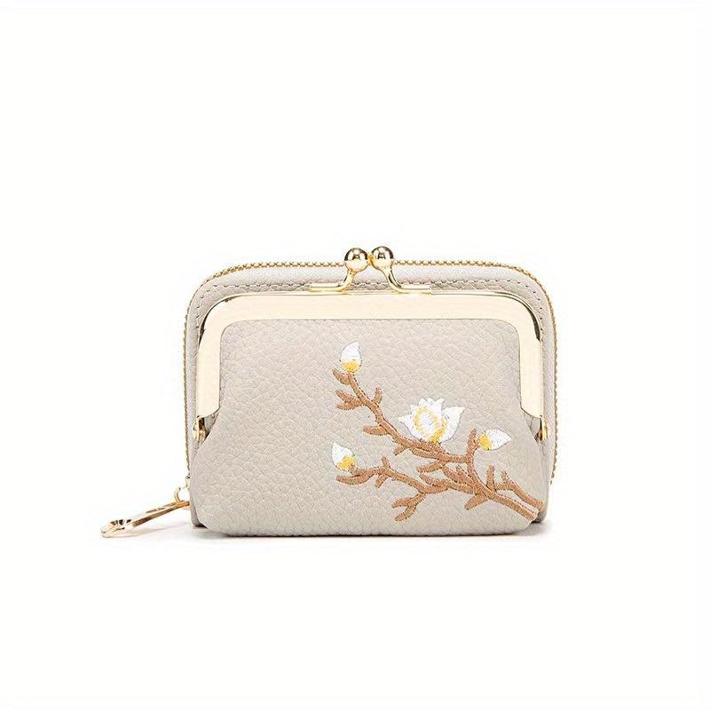 Embroidered Short Wallet Kiss Lock Clutch Purse