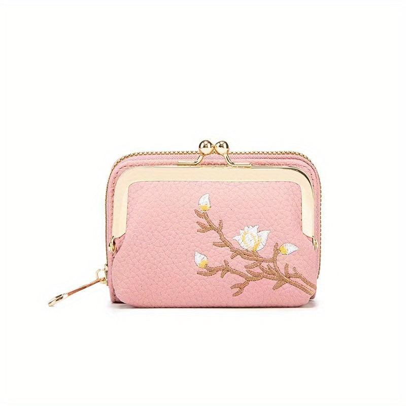 Embroidered Short Wallet Kiss Lock Clutch Purse