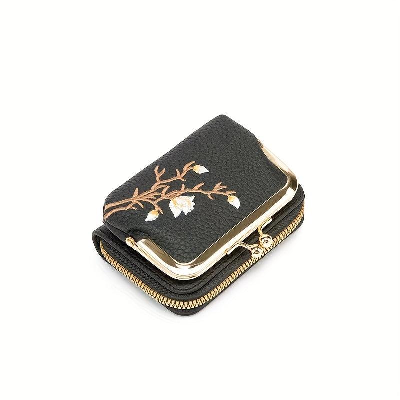 Embroidered Short Wallet Kiss Lock Clutch Purse