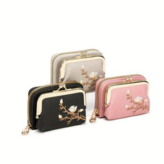 Embroidered Short Wallet Kiss Lock Clutch Purse