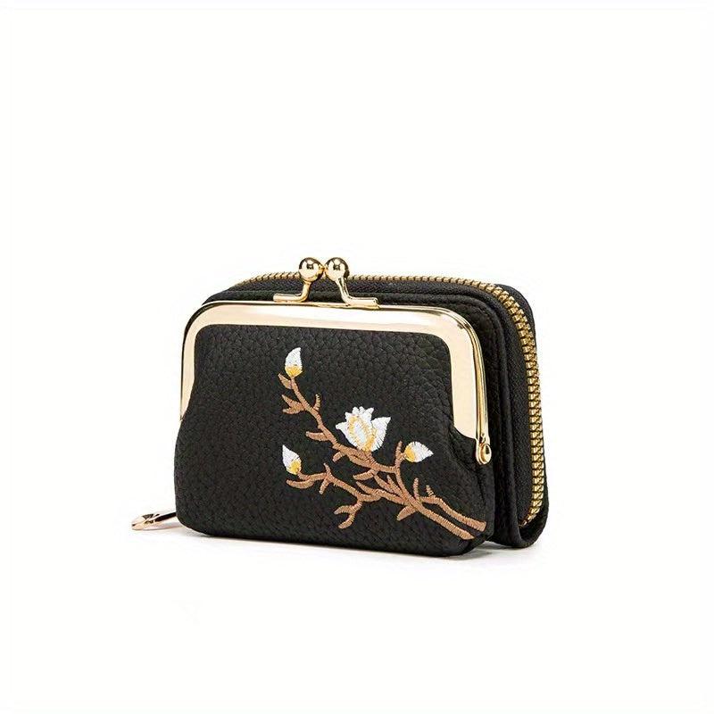 Embroidered Short Wallet Kiss Lock Clutch Purse