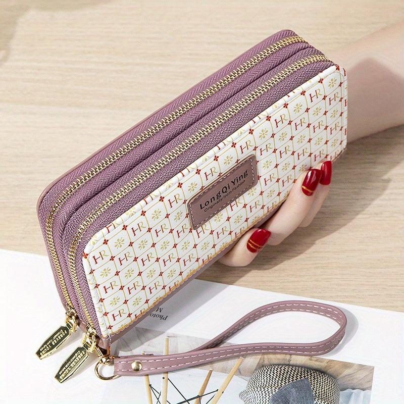Plaid Pattern Long Wallet Double Zipper Clutch Purse Phone Bag With Wristlet