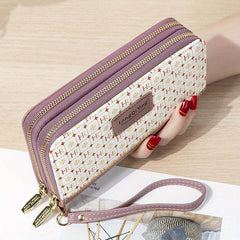 Plaid Pattern Long Wallet Double Zipper Clutch Purse Phone Bag With Wristlet