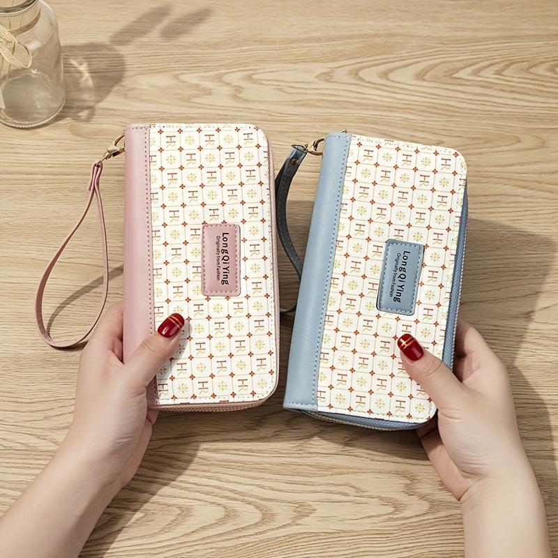 Plaid Pattern Long Wallet Double Zipper Clutch Purse Phone Bag With Wristlet