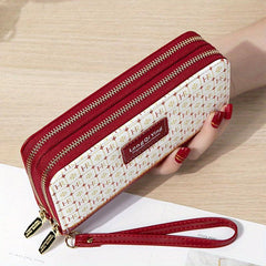 Plaid Pattern Long Wallet Double Zipper Clutch Purse Phone Bag With Wristlet