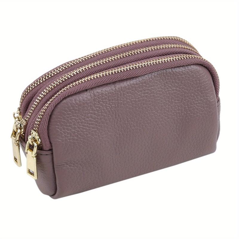 Triple Zipper Coin Purse Leather Keys Holder Lightweight Cash Case