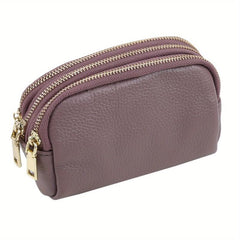 Triple Zipper Coin Purse Leather Keys Holder Lightweight Cash Case