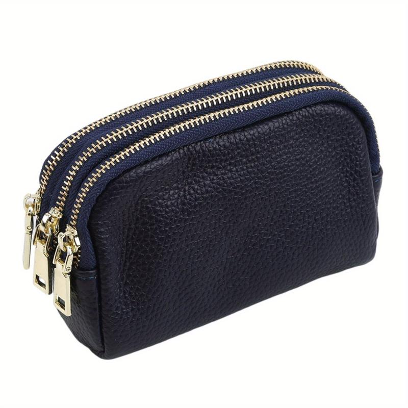 Triple Zipper Coin Purse Leather Keys Holder Lightweight Cash Case