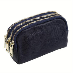Triple Zipper Coin Purse Leather Keys Holder Lightweight Cash Case