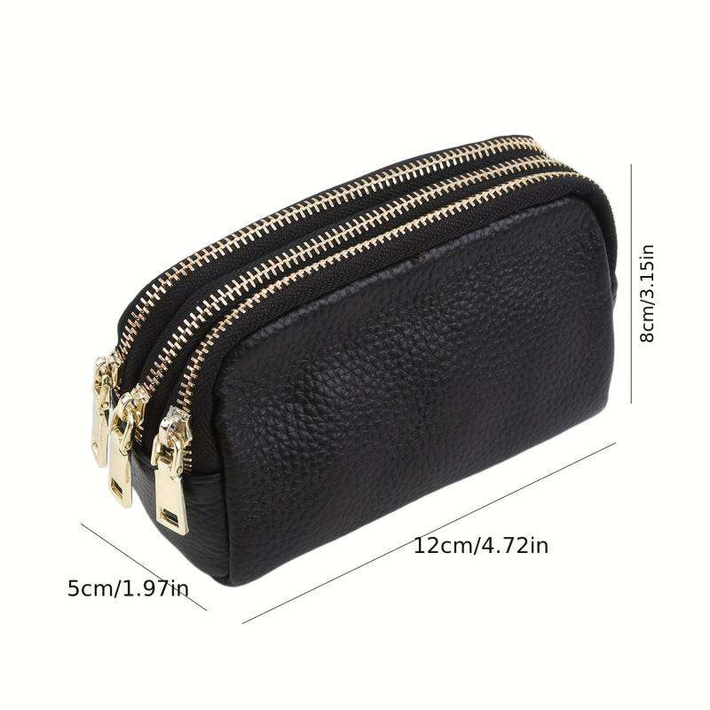 Triple Zipper Coin Purse Leather Keys Holder Lightweight Cash Case