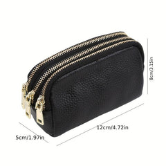 Triple Zipper Coin Purse Leather Keys Holder Lightweight Cash Case