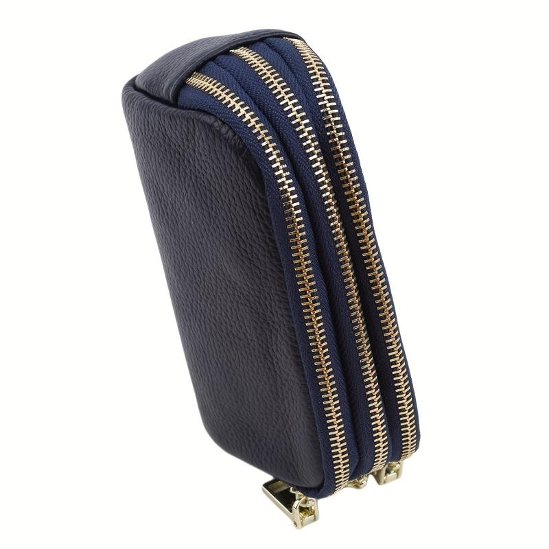 Triple Zipper Coin Purse Leather Keys Holder Lightweight Cash Case