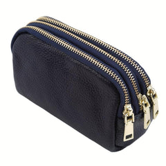 Triple Zipper Coin Purse Leather Keys Holder Lightweight Cash Case