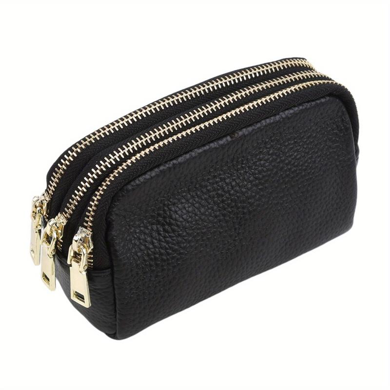Triple Zipper Coin Purse Leather Keys Holder Lightweight Cash Case
