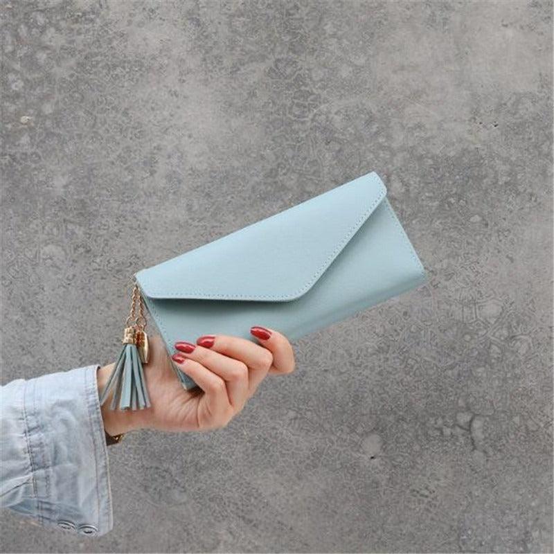 Women's Long Wallet Trifold Tassel Purse With Heart Pendant
