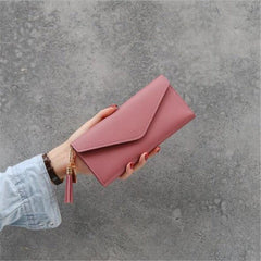 Women's Long Wallet Trifold Tassel Purse With Heart Pendant