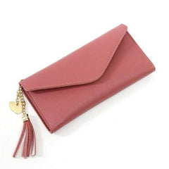 Women's Long Wallet Trifold Tassel Purse With Heart Pendant