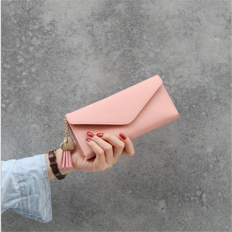 Women's Long Wallet Trifold Tassel Purse With Heart Pendant