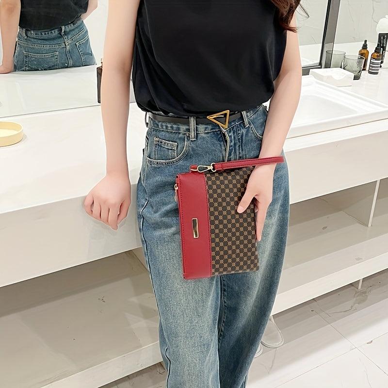 Geo Print Clutch Bag Stitching Wrist Bag Women's PU Leather Square Purse