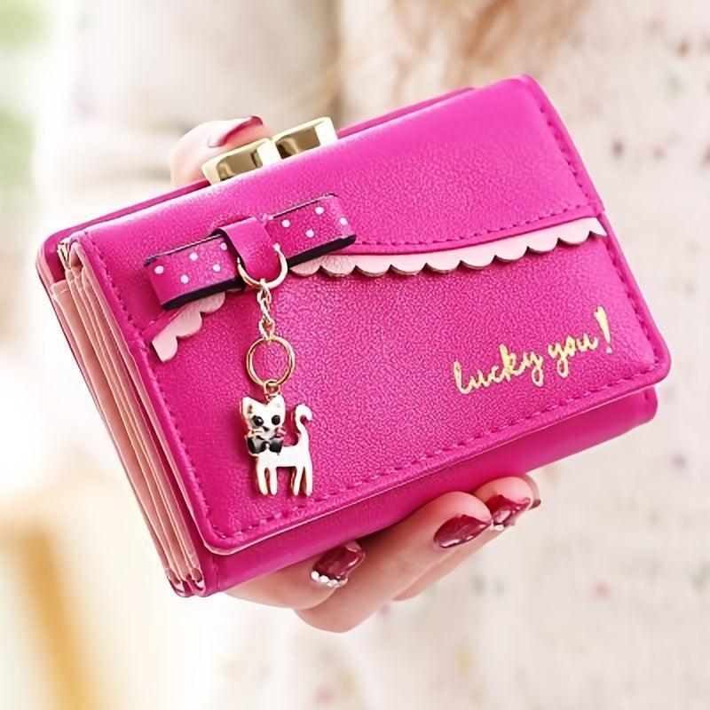 Coin Purse Clutch Wallet with Bowknot Decor and Cat Pendant