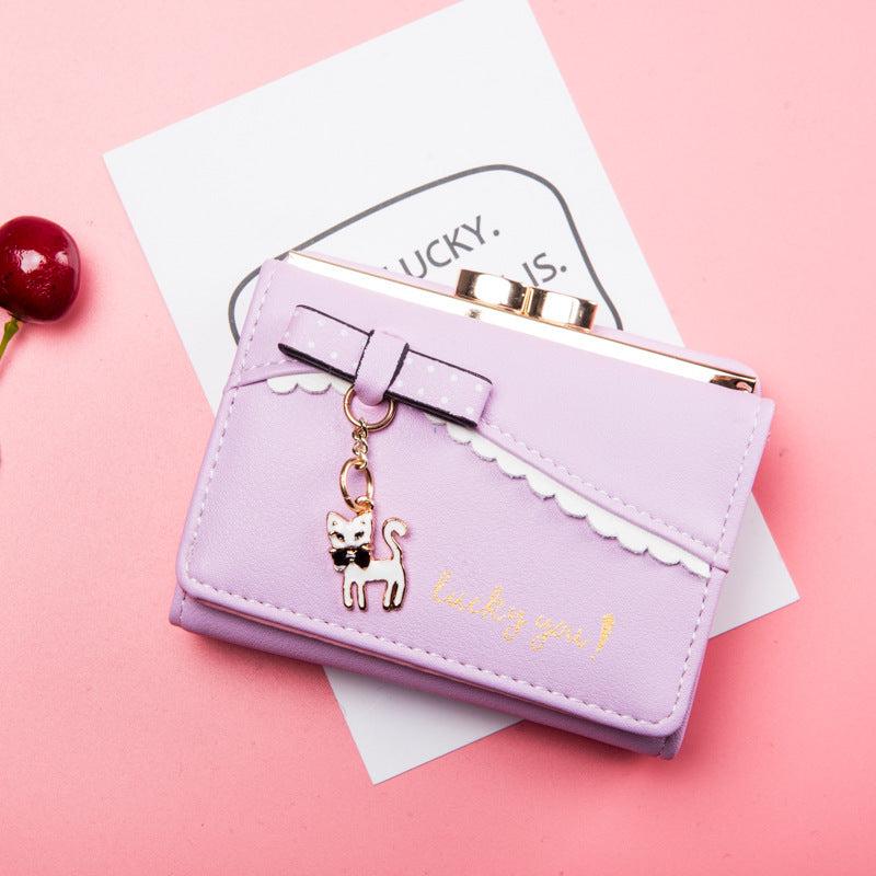 Coin Purse Clutch Wallet with Bowknot Decor and Cat Pendant