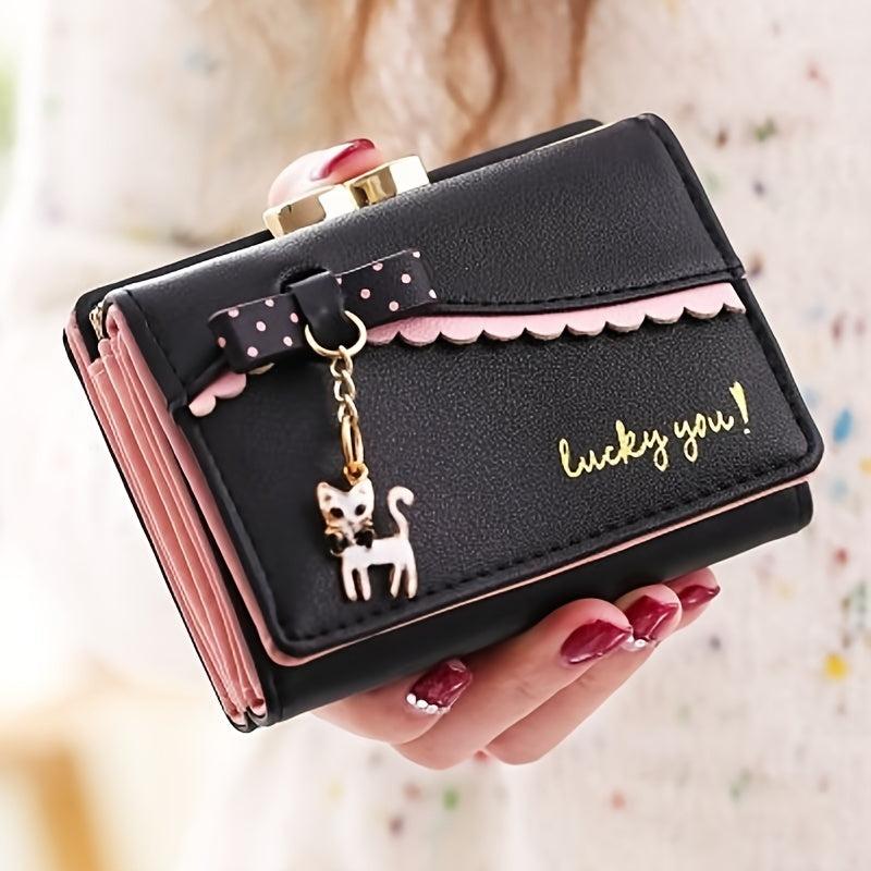 Coin Purse Clutch Wallet with Bowknot Decor and Cat Pendant
