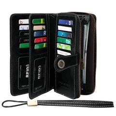 Vintage Large Capacity Long Wallet with Zipper & Wristband