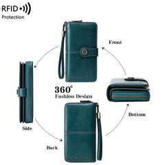 Vintage Large Capacity Long Wallet with Zipper & Wristband
