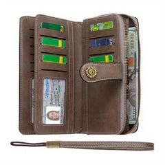Vintage Large Capacity Long Wallet with Zipper & Wristband