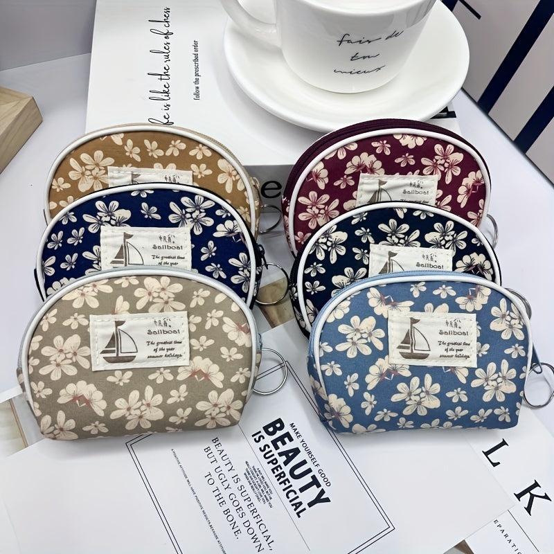 Flower Pattern Shell Shape Coin Purse Canvas Lightweight Keys Holder