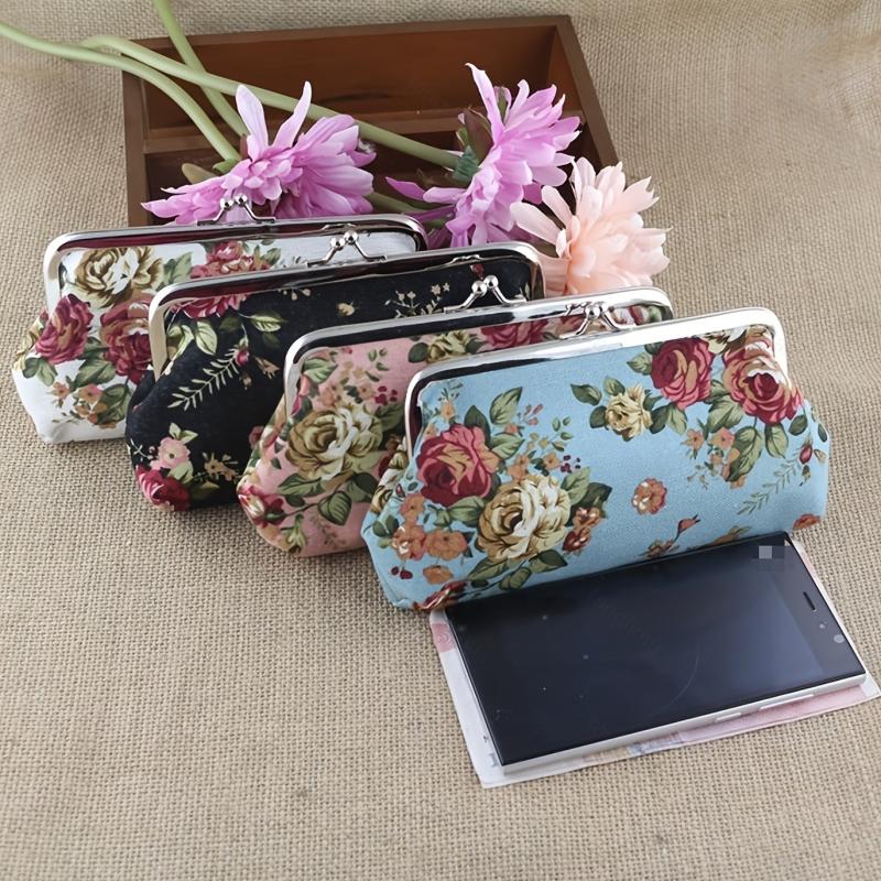Floral Pattern Coin Purse Women's Kiss Lock Small Canvas Storage Bag