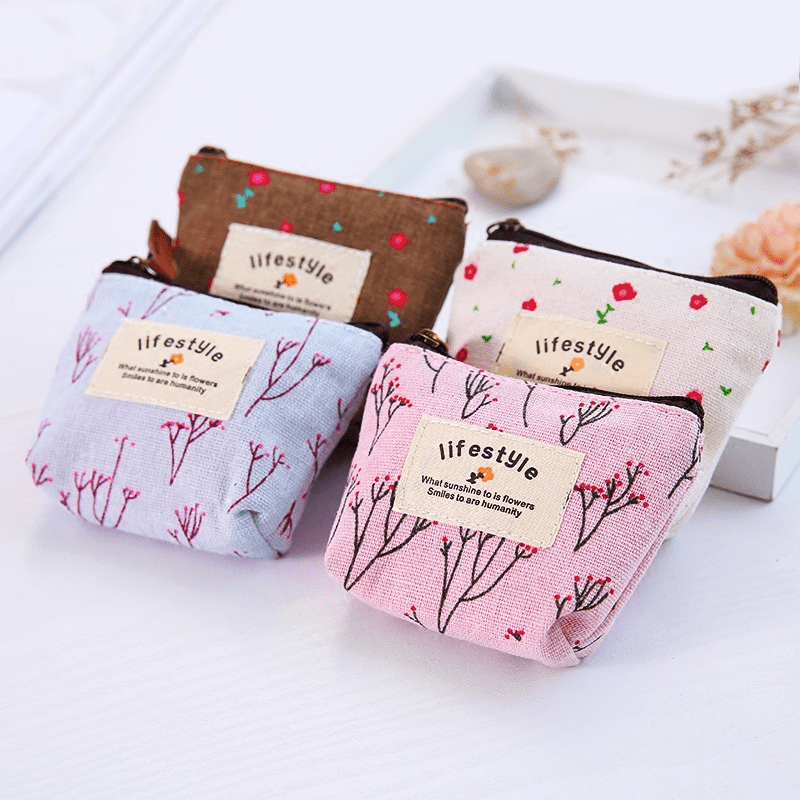 Mini Floral Print Zipper Pouch Lightweight Portable Coin Purse