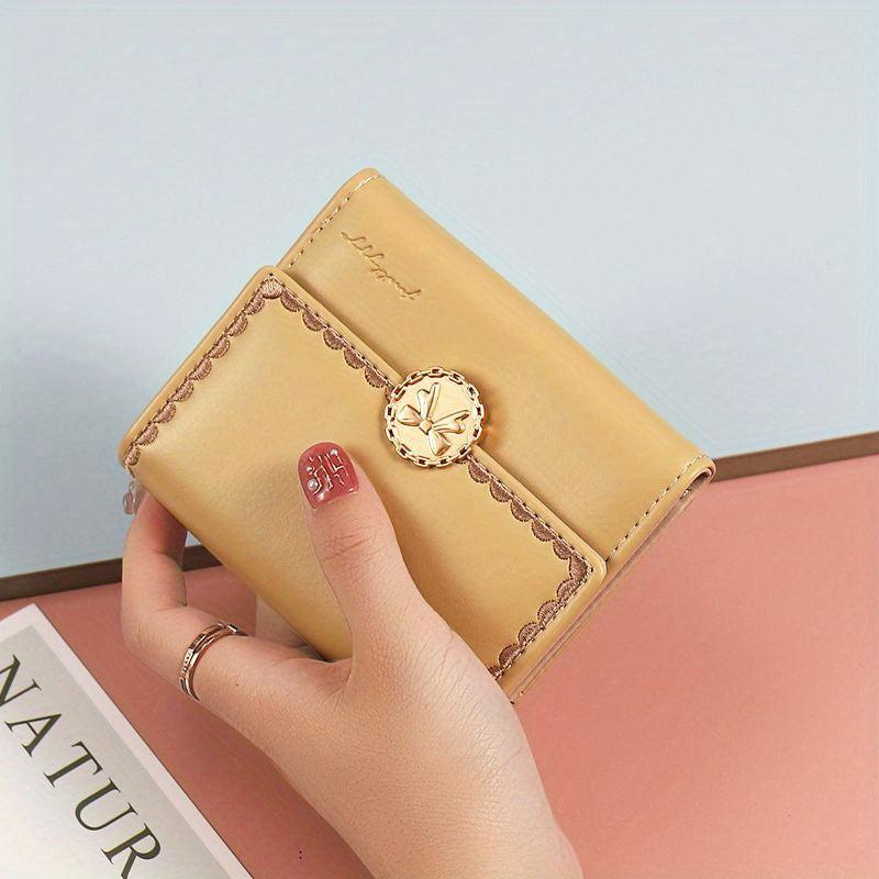 Metal Bowknot Decor Button Wallet Clutch Trifold Coin Purse