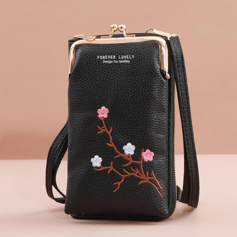 Flower Embroidered Shoulder Bag Crossbody Phone Purse