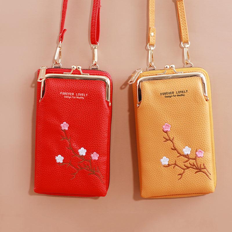 Flower Embroidered Shoulder Bag Crossbody Phone Purse