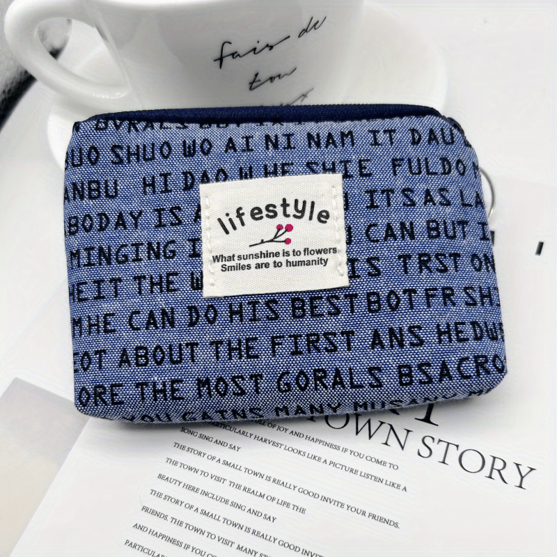 Mini Letter Printed Coin Purse Canvas Zipper Lightweight Daily Cash Case