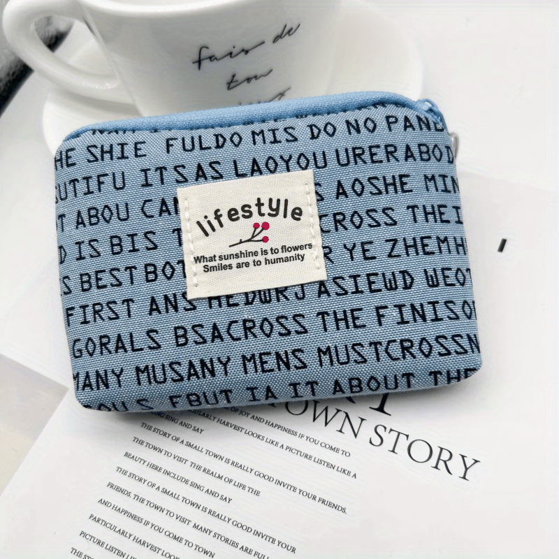 Mini Letter Printed Coin Purse Canvas Zipper Lightweight Daily Cash Case