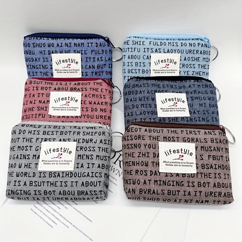 Mini Letter Printed Coin Purse Canvas Zipper Lightweight Daily Cash Case