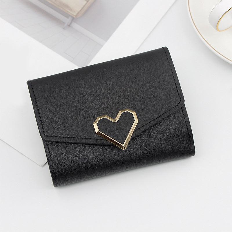 Women's Short Wallet Faux Leather Trifold Coin Purse With Metal Love Decor