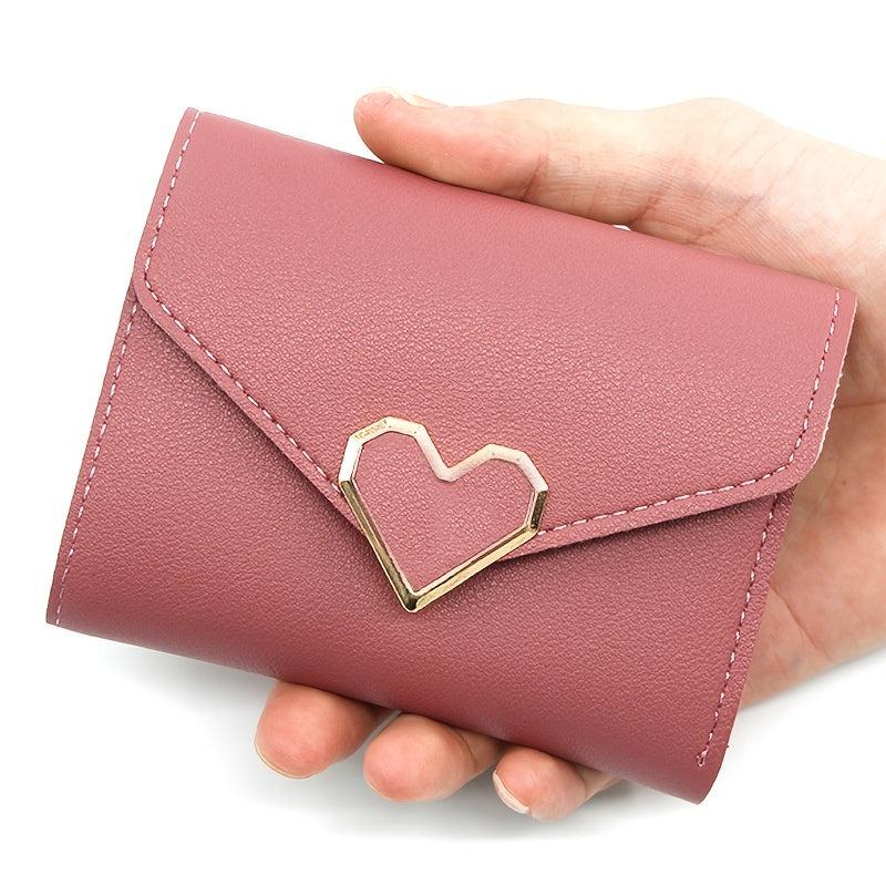 Women's Short Wallet Faux Leather Trifold Coin Purse With Metal Love Decor