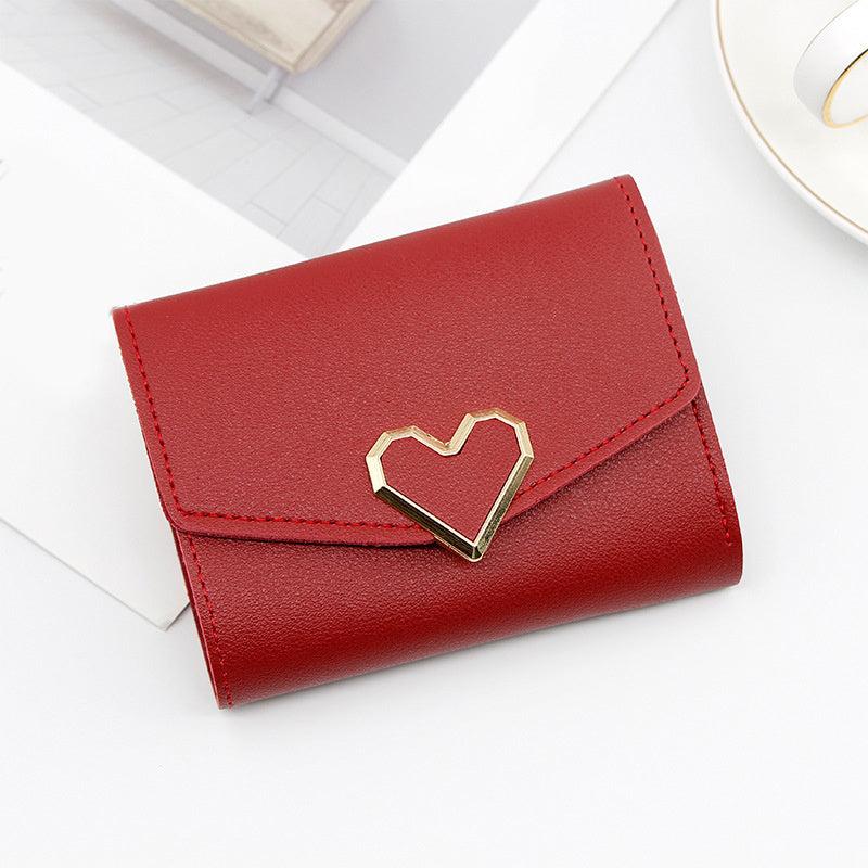 Women's Short Wallet Faux Leather Trifold Coin Purse With Metal Love Decor