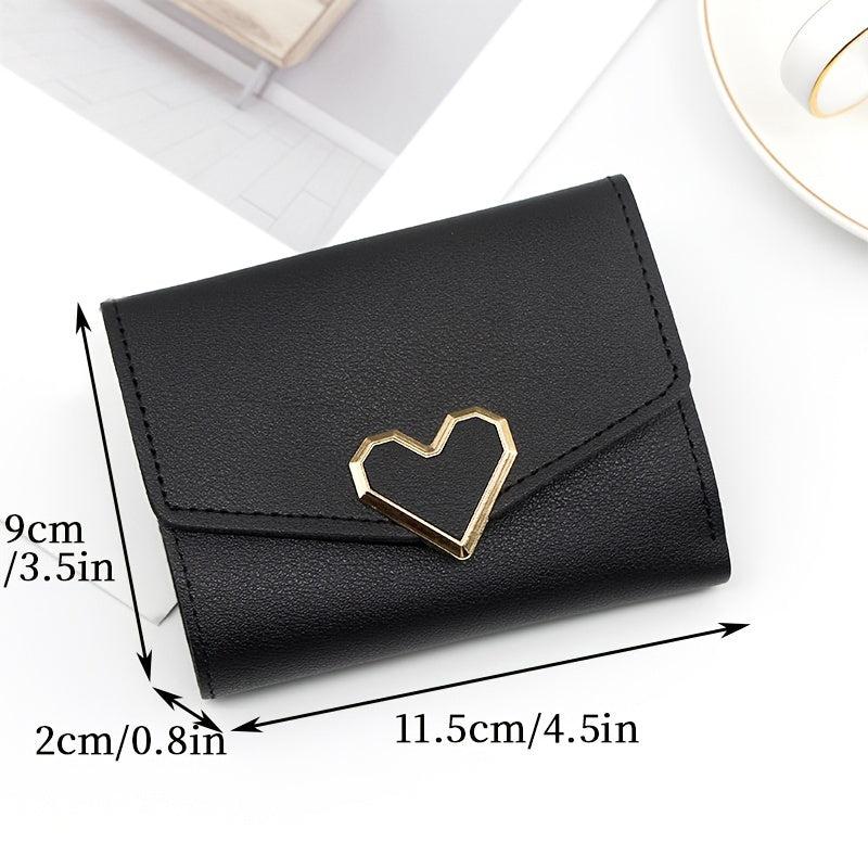 Women's Short Wallet Faux Leather Trifold Coin Purse With Metal Love Decor