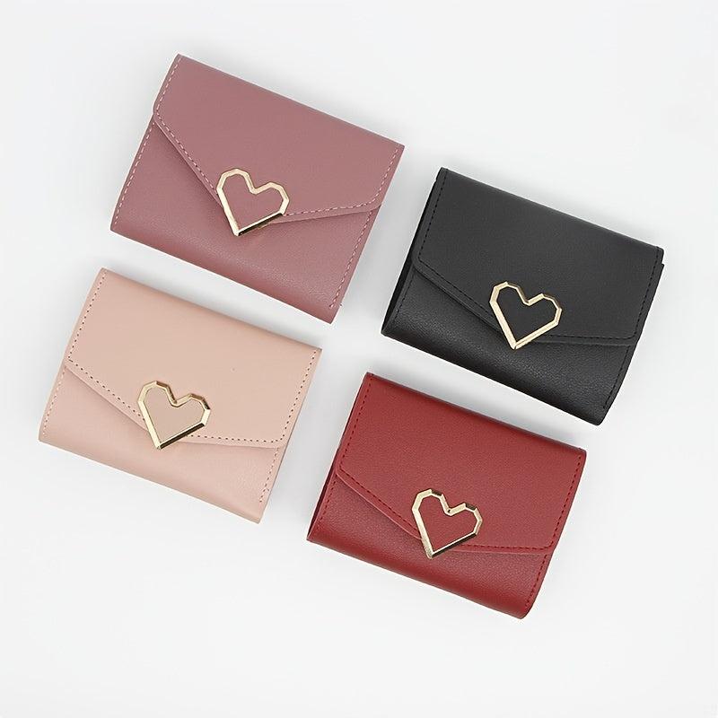 Women's Short Wallet Faux Leather Trifold Coin Purse With Metal Love Decor
