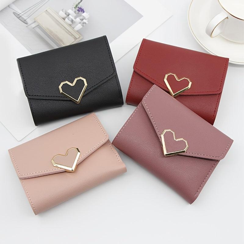 Women's Short Wallet Faux Leather Trifold Coin Purse With Metal Love Decor
