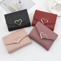 Women's Short Wallet Faux Leather Trifold Coin Purse With Metal Love Decor