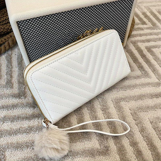 Long Wallet Clutch Bag Faux Leather Purse with Pom Pom Decor