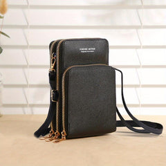 Triple Zipper Cell Phone Crossbody Bag PU Leather Textured Bag Purse