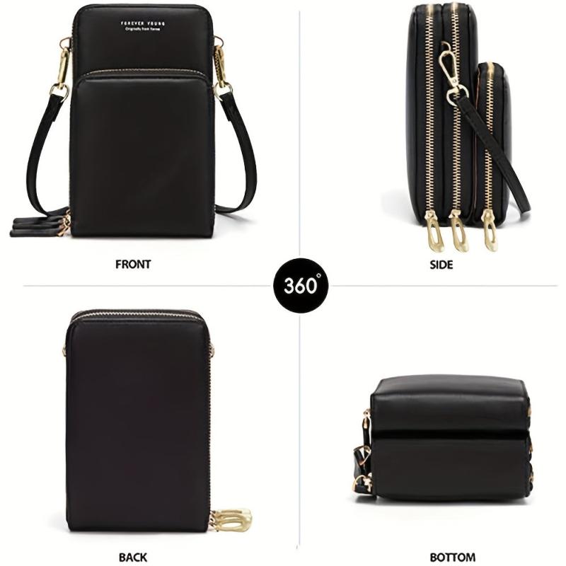 Triple Zipper Cell Phone Crossbody Bag PU Leather Textured Bag Purse