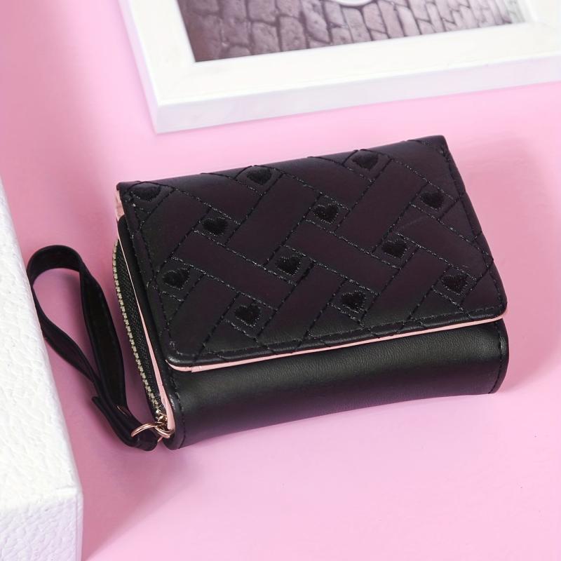 Women's Quilted Trifold Clutch Wallet with Zipper, Wristband