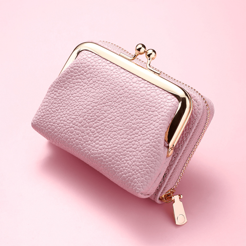 Solid Short Clutch Wallet Coin Purse With Zipper & Kiss Lock Pocket